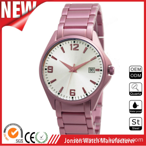 Top quality fashion calendar with stainless steel case back water proof watch
